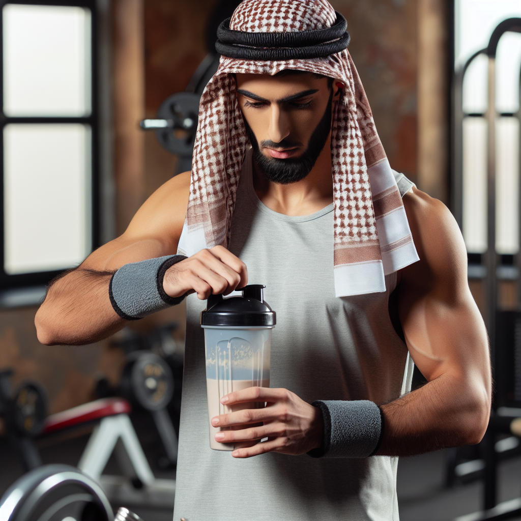 En person som fyller en shaker med proteinpulver, i bakgrunnen synes treningsutstyr.