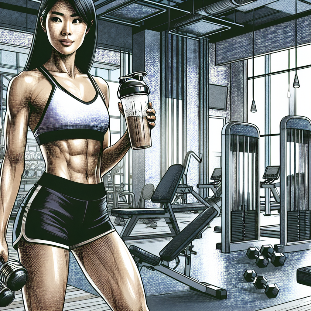 A dynamic scene of a young adult in a modern gym, holding a shaker of protein powder, surrounded by fitness equipment, emitting energy and strength.
