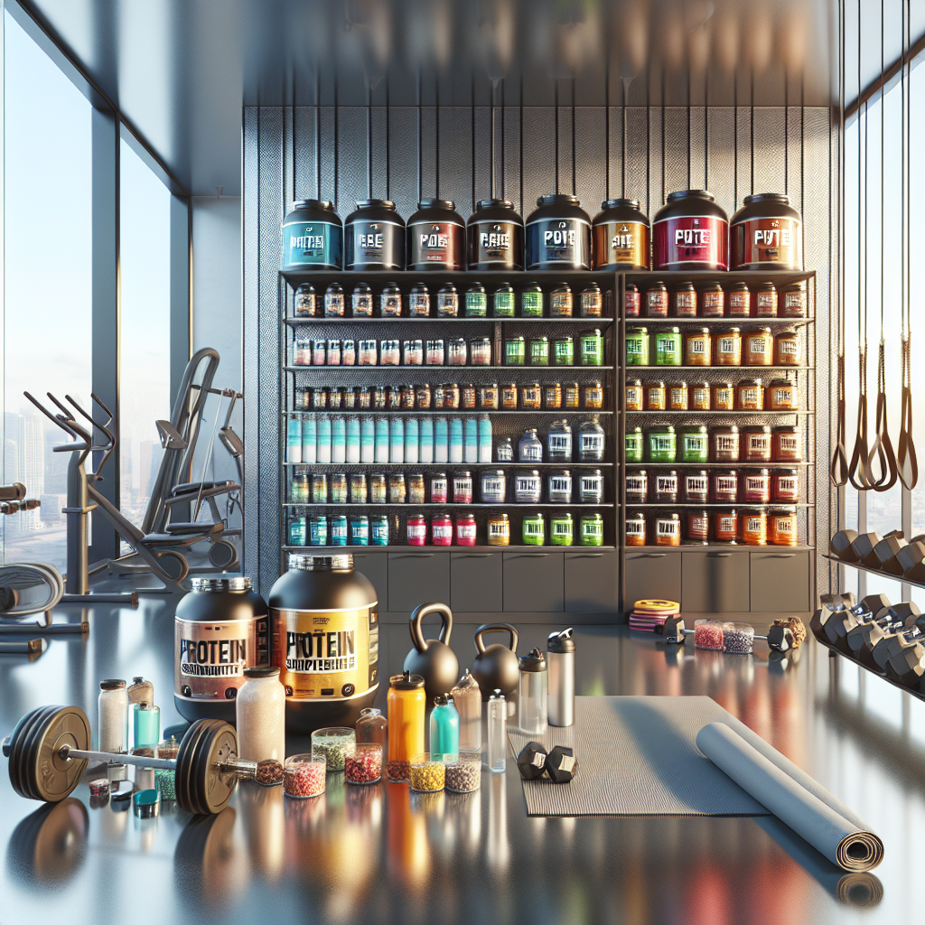 A variety of protein supplements and fitness equipment arranged on a modern workout space.