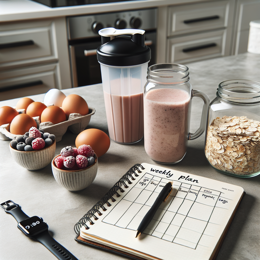 En moderne, innbydende scene med et enkelt kjøkkenbord: en shaker med proteinpulver, egg, havre, frosne bær, en notatbok med ukeplan og en smartklokke ved siden av - tydelig økonomisk og helsebevisst stemning