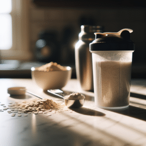 Nærbilde av en shaker, en åpen boks med proteinpulver, måleskje og havregryn på et kjøkkenbord i naturlig lys, minimalistisk stil