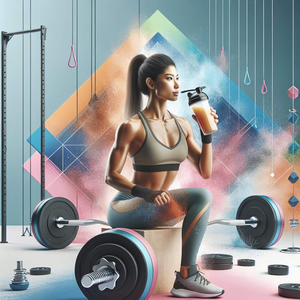 En moderne treningsscene: en atlet som drikker en pre-workout-shake foran stenger og vekter, klare farger, energisk og rent produktoppsett, realistisk stil
