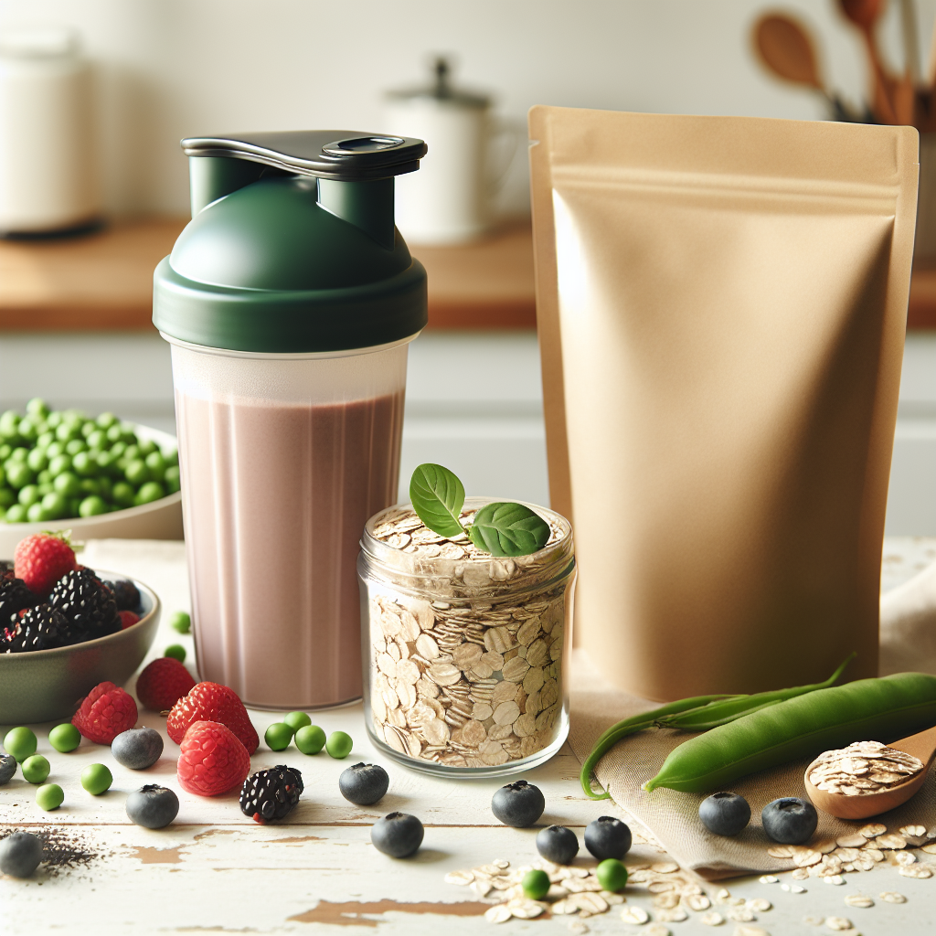 Nærbilde av en shaker og en åpen pose med vegansk proteinpulver ved siden av havre, erter og bær på et lyst kjøkkenbord, moderne og friskt uttrykk