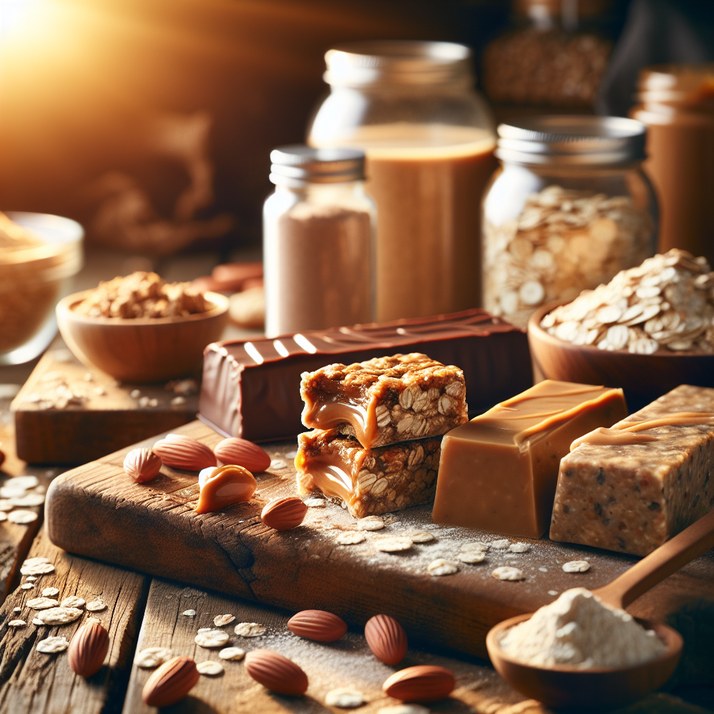 Nærbilde av flere hjemmelagde og kommersielle proteinbarer på et rustikt trebrett, med ingredienser som havre, peanøttsmør og proteinpulver rundt, varmt naturlig lys