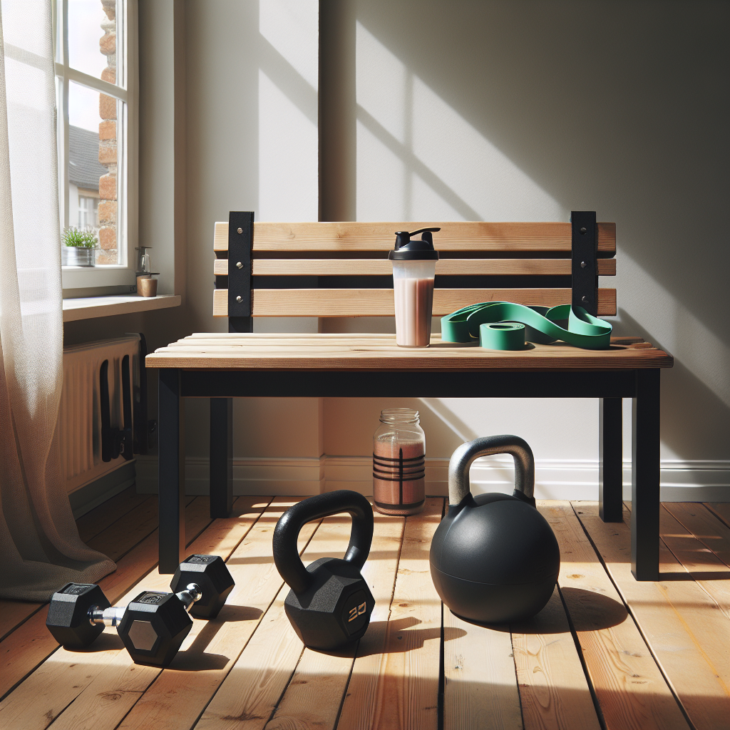 Hjemmetrening på budsjett: en minimalistisk treningsplass med manualer, kettlebell, motstandsbånd og en proteinshake på et trebenk under naturlig lys