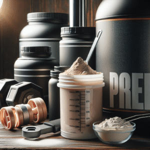 Nærbilde av en åpen beholder med proteinpulver og måleskje, ved siden av rimelige proteinprodukter, treningshåndtak og en trebakgrunn, moderne lyssetting