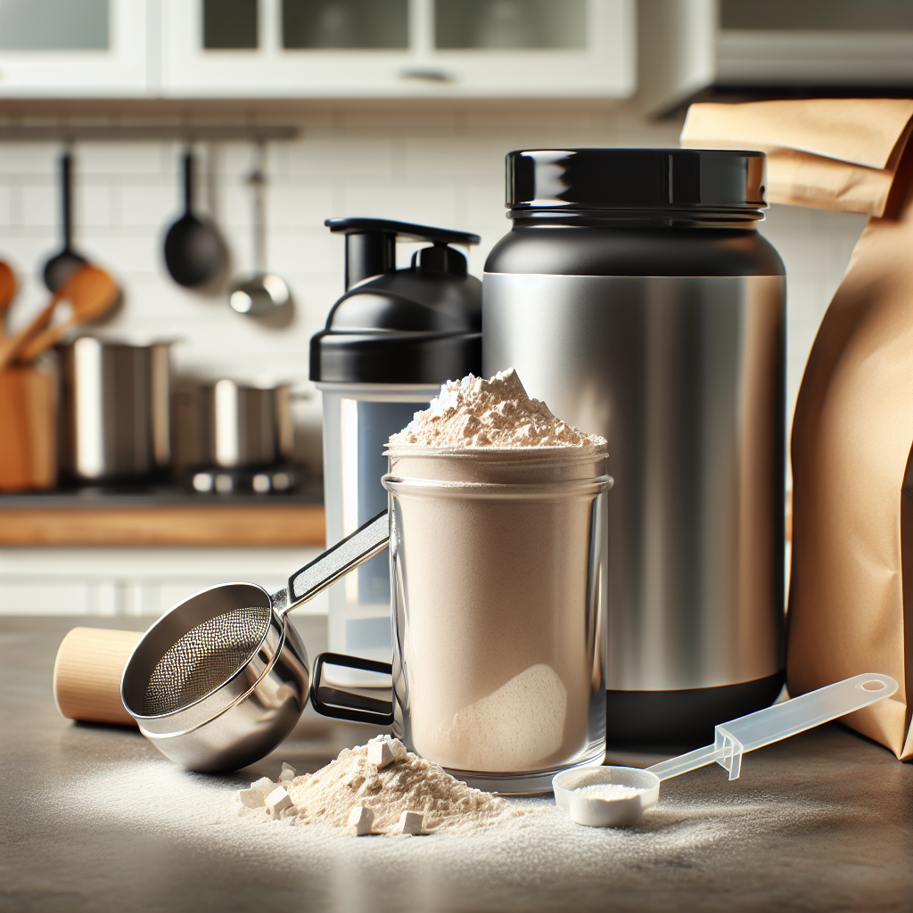 Nærbilde av en shaker med proteinpulver, måleskje og en åpen pose med pulver på et rent kjøkkenbord, budsjettvennlig og moderne estetikk