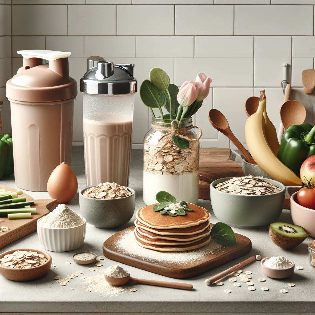 Kreativ kjøkkenscene med proteinpulver, shaker, havre, pannekaker og grønnsaker på en lys benkeplate i moderne stil