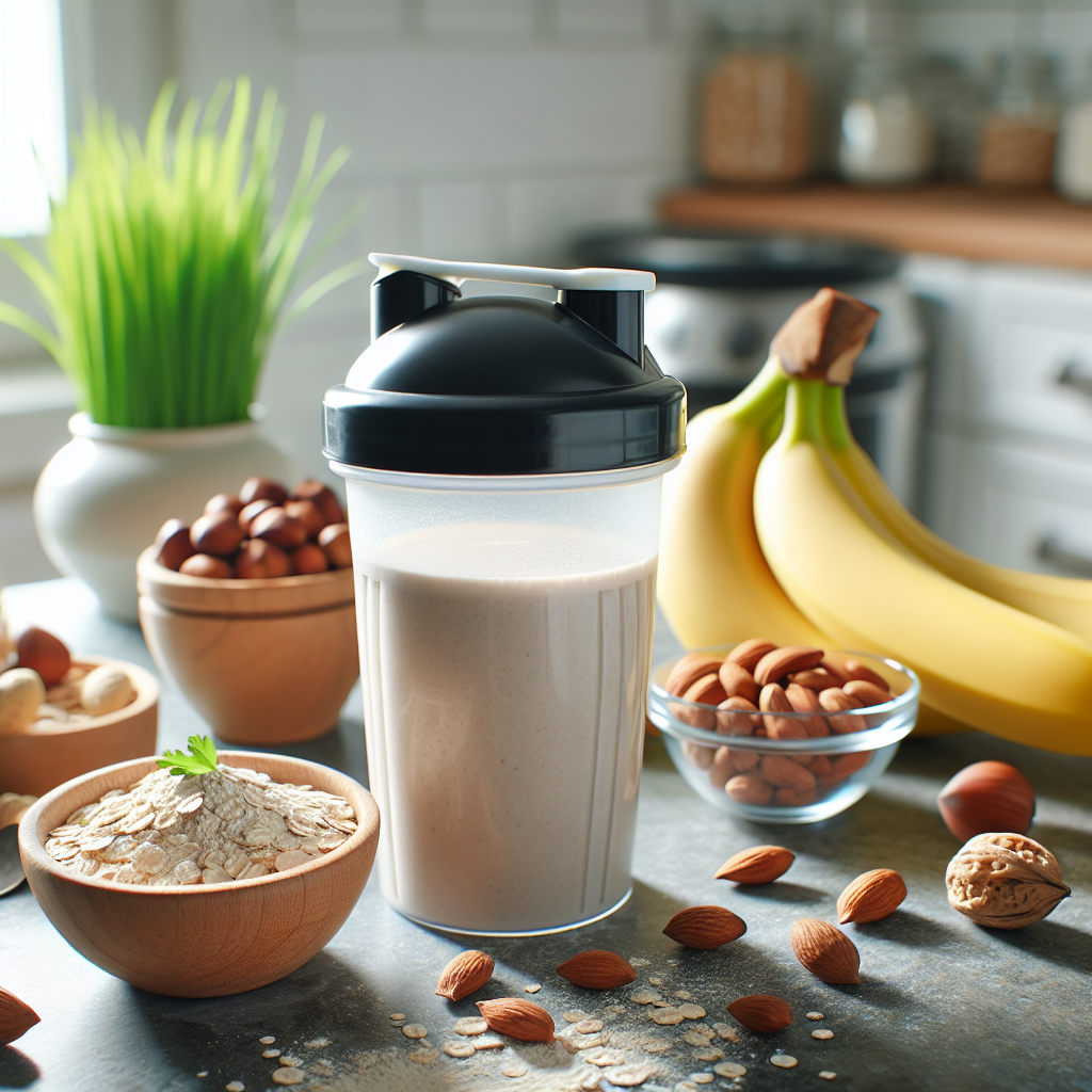 Nærbilde av en shaker med proteinpulver på et kjøkkenbord, friske råvarer rundt (banan, havre, nøtter), budsjettvennlig og sunt, lyst og moderne stil